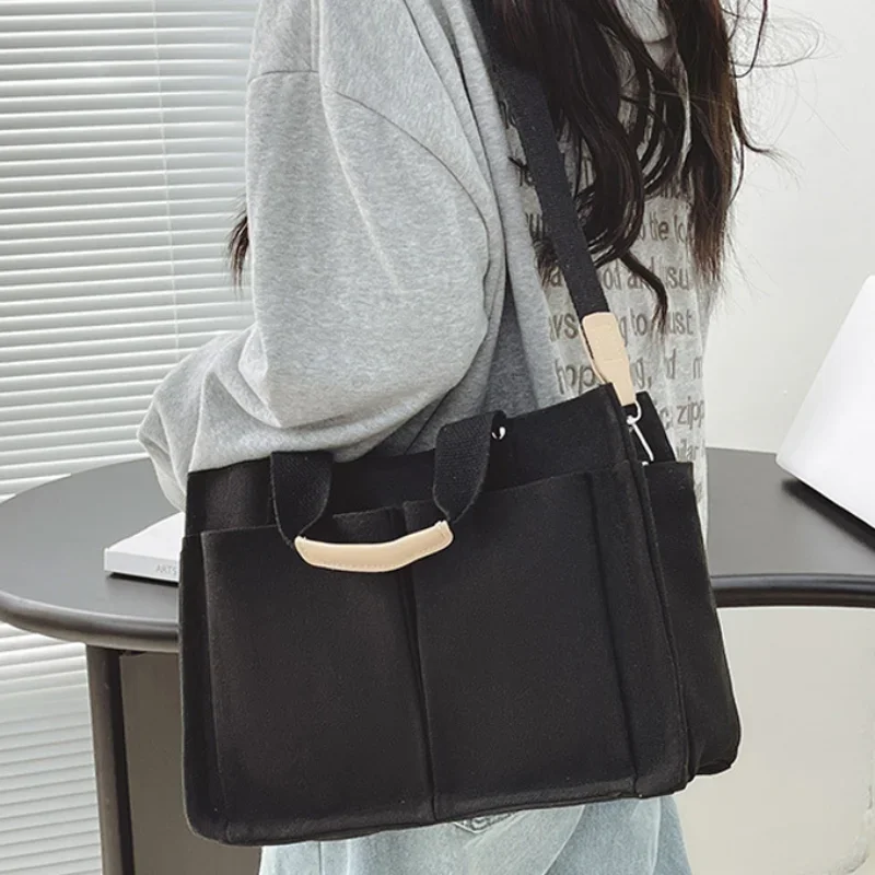 Women\'s Tote Bag New High Capacity Canvas Bag Korean Patchwork One Shoulder Crossbody Bag Simple Wide Shoulder Strap Handbag