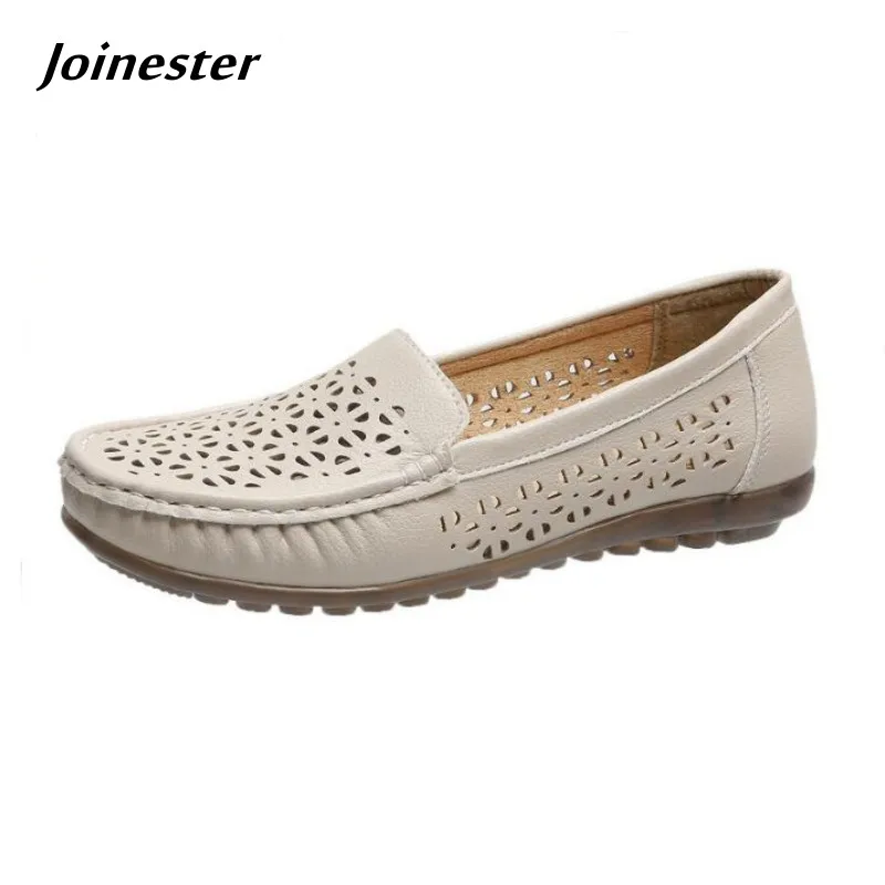 

Women PU Leather Slip on Casual Loafers Hollow Out Breathable Flat Boat Shoes for Autumn Non-Skid Mom Driving Moccasins