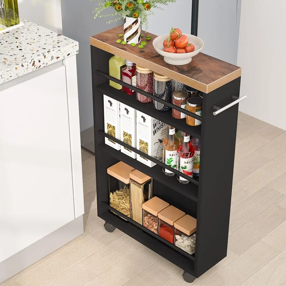 

Slim Storage Cart, Rolling Narrow Kitchen Cart On Wheels For Small Place, 4-Tier Slide Out Slim Utility Cart Skinny Laundry