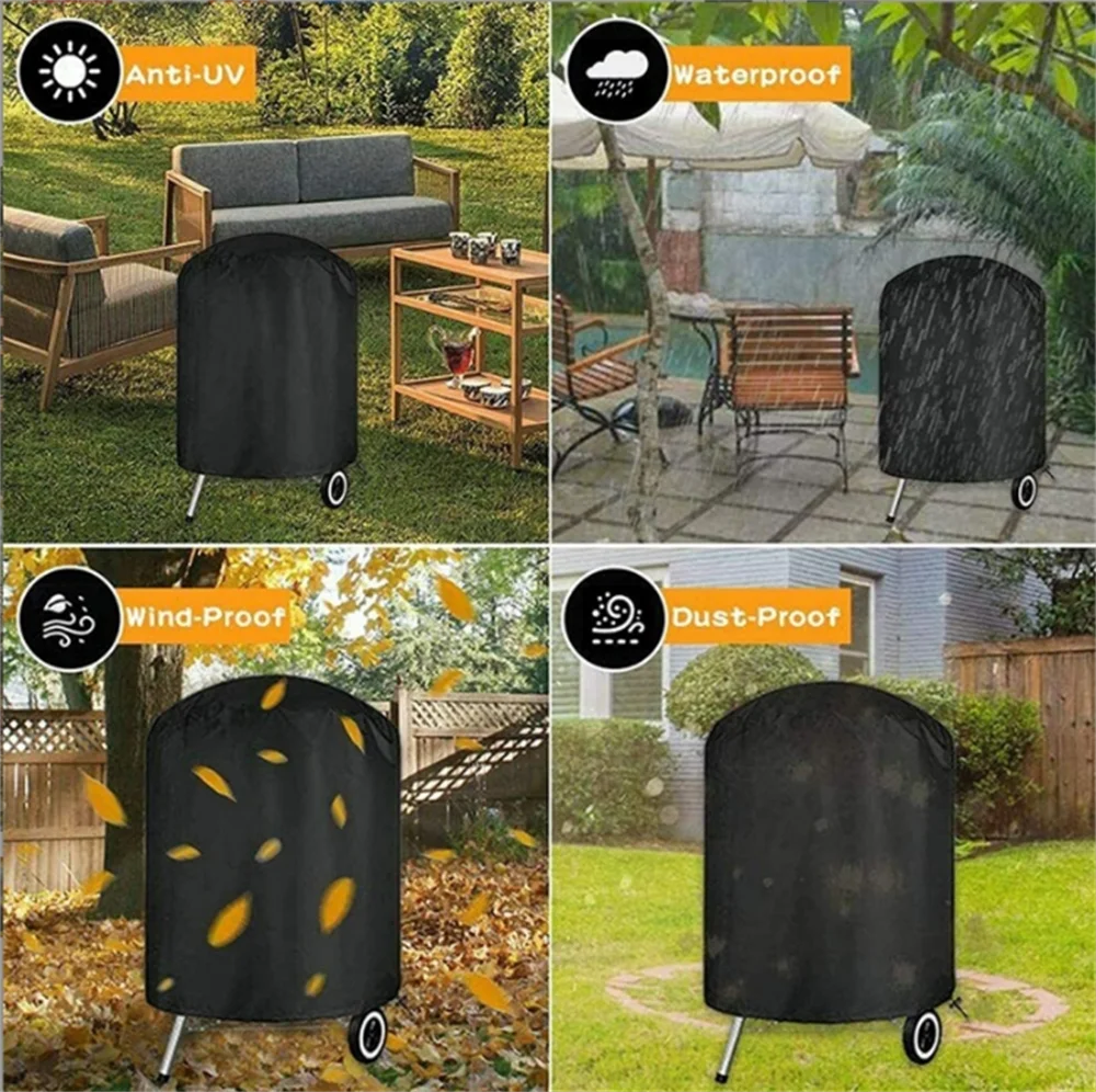 Round Black Outdoor Grill Cover Fire Pit Stove BBQ Covers Waterproof Heavy Duty Garden 210D Cloth Electric BBQ Protection Cover