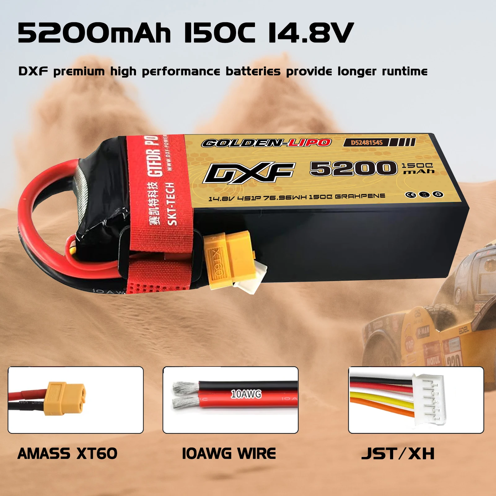 DXF 4S Lipo Battery 14.8V 5200mAh 150C Hard Case Battery with XT60 Connector for Car Truck Tank RC Buggy Truggy Racing Hobby