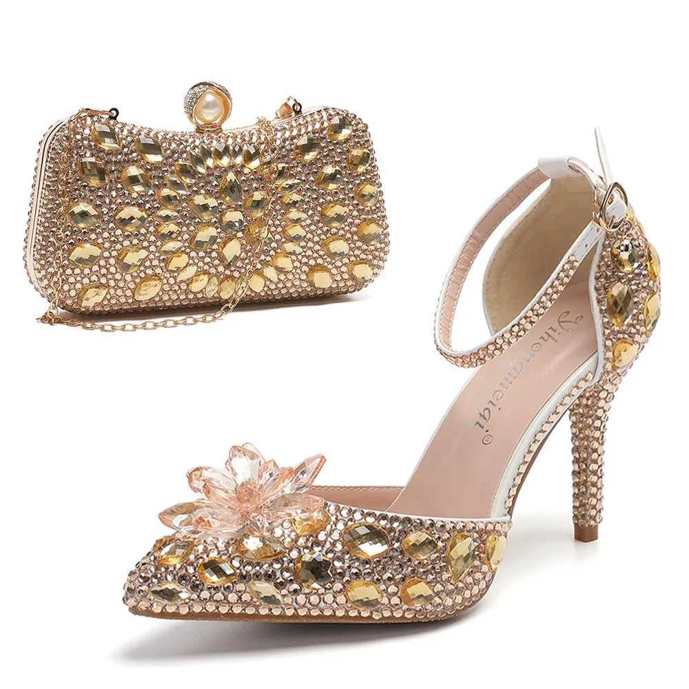 9cm Large Sandals with Thin Heel and Pointed Crystal Glass Floral Penang Gold Banquet Bag Combination Women's Shoes