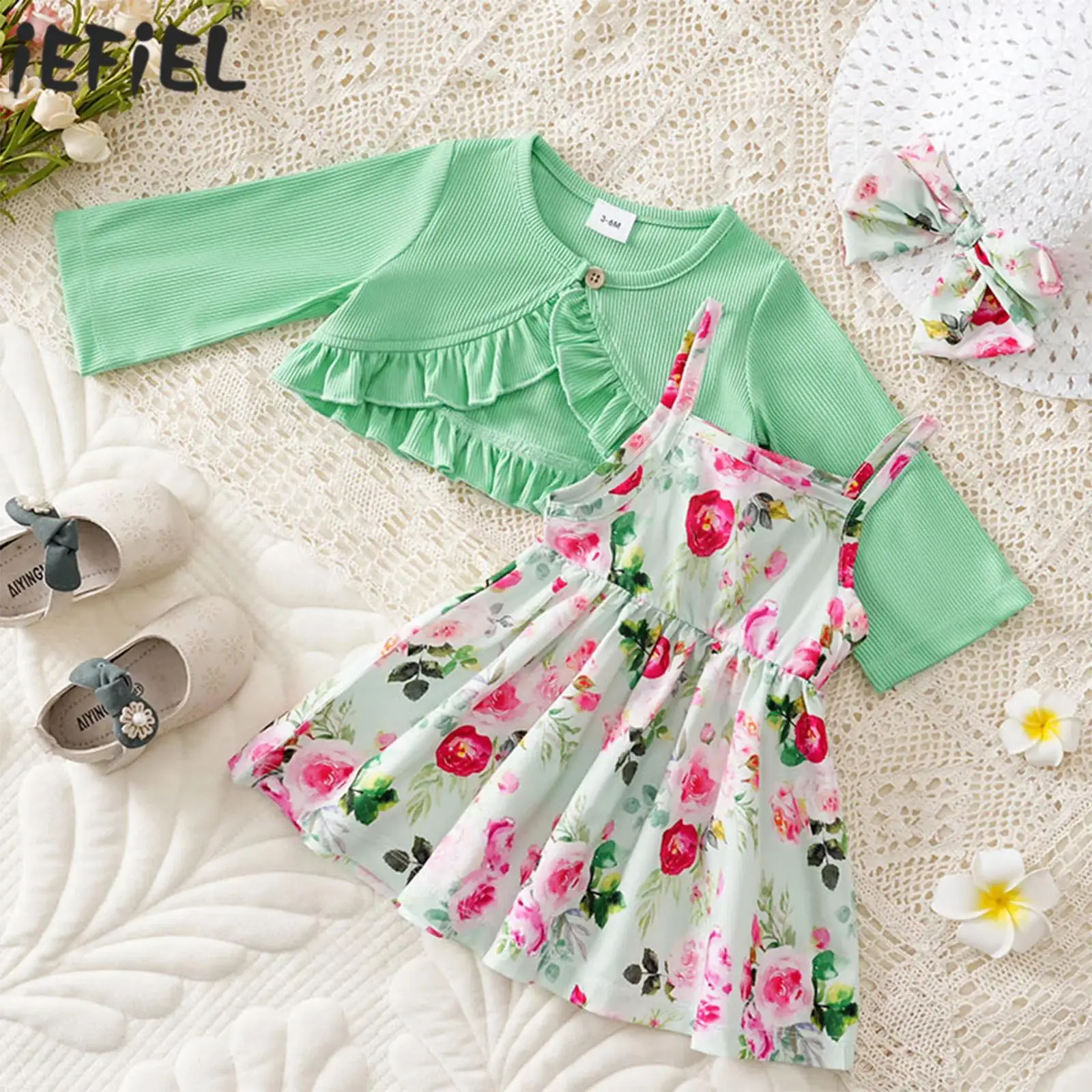 

Toddler Baby Girls Spring Autumn Clothes Long Sleeve Ribbed Cardigan Shrugs with Spaghetti Straps Floral Printed Dress Outfit