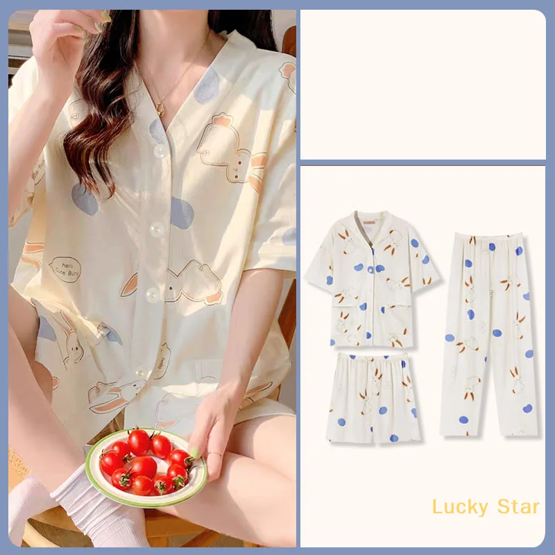 

Women's Pajamas Summer New Style Round Neck Short Sleeve Thin Style Sweet Girl Simple Casual Home Clothes Three-piece Set