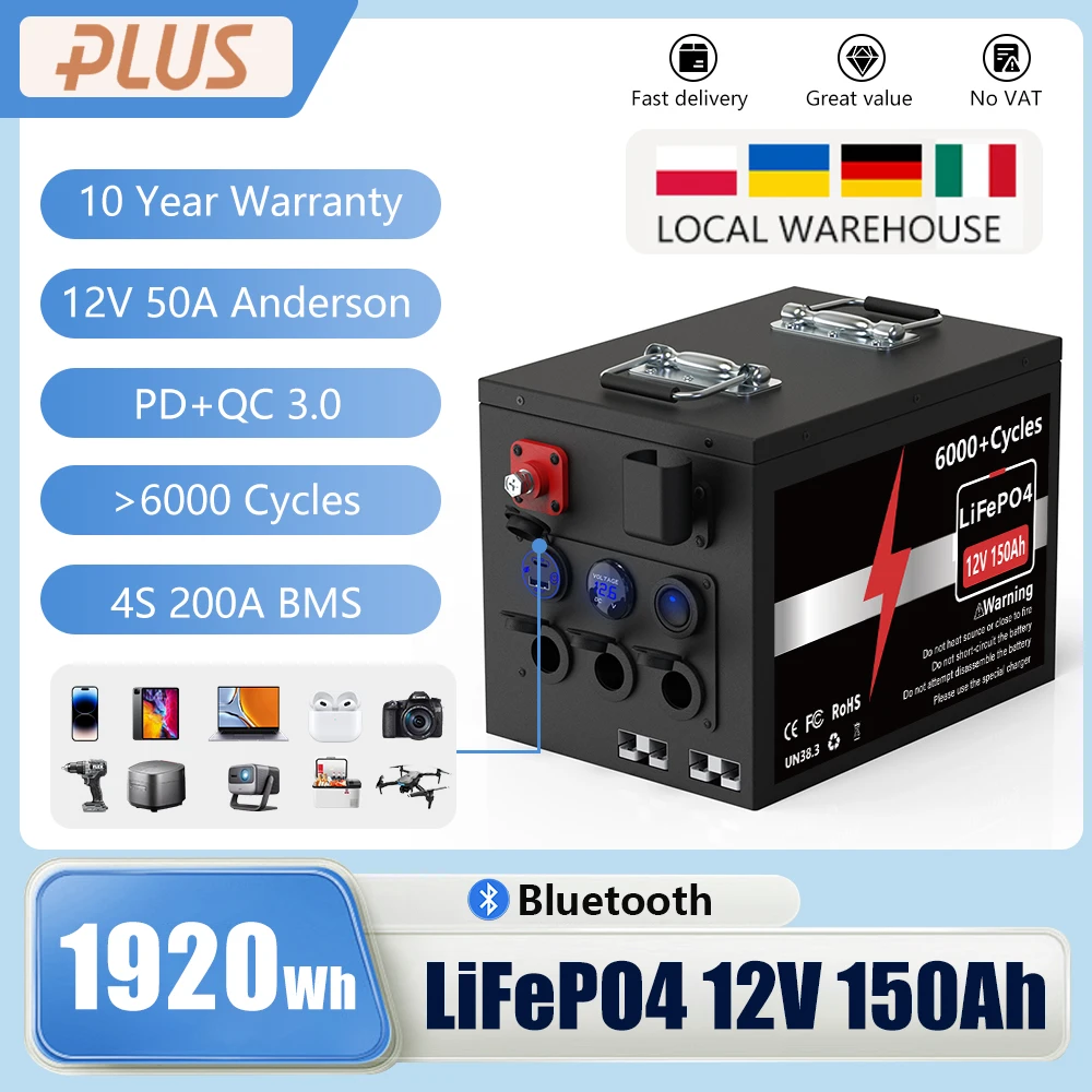 12V 150Ah LiFePO4 Battery 24V 100Ah 200Ah 2KW Bluetooth BMS 6500+ Cycle PD/USB Charge Grade A UPS 10-Year Warranty-UKR Free Tax