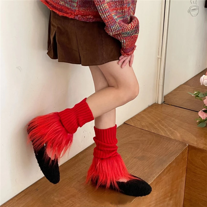 Tube Socks Color Leg Shaping Handmade Belt Furry Tassel Knitted Fabric Foot Hot Girl Bright Color Regular Size Autumn SolidColor