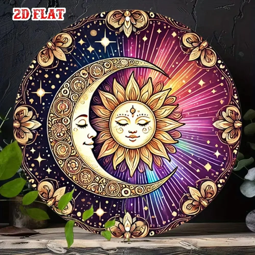 1pc Mystical Night Celestial Dreams Round Iron Metal Wall Art Inch Retro Vintage Starlit Sky Sign with Radiant Glow Sun Moon