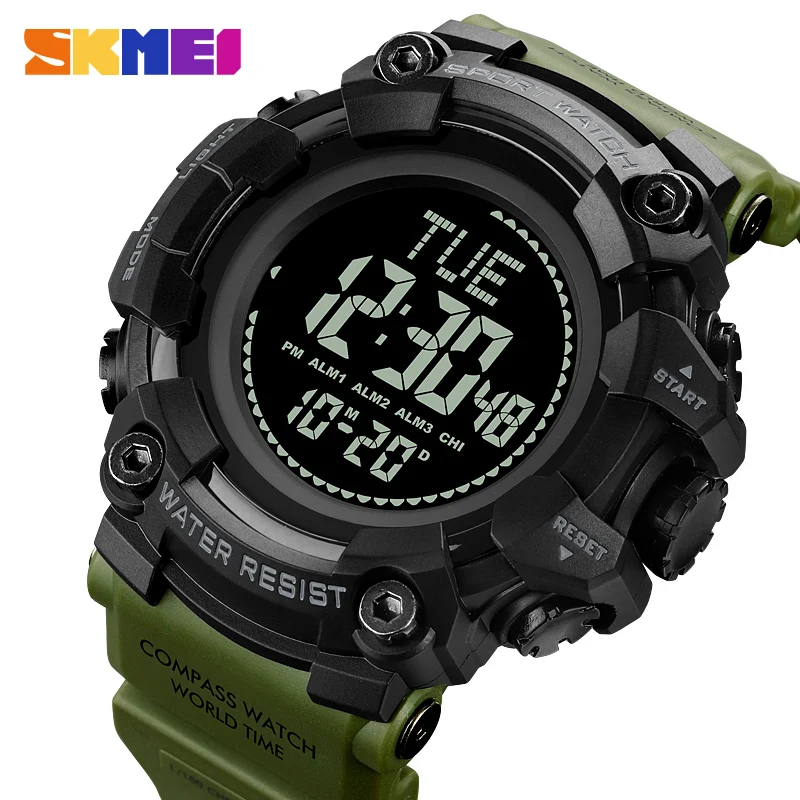 SKMEI Watch For Men Multifunctional World Time Compass Countdown Sport Watches Mens 50M Waterproof Back Light Digital Wristwatch