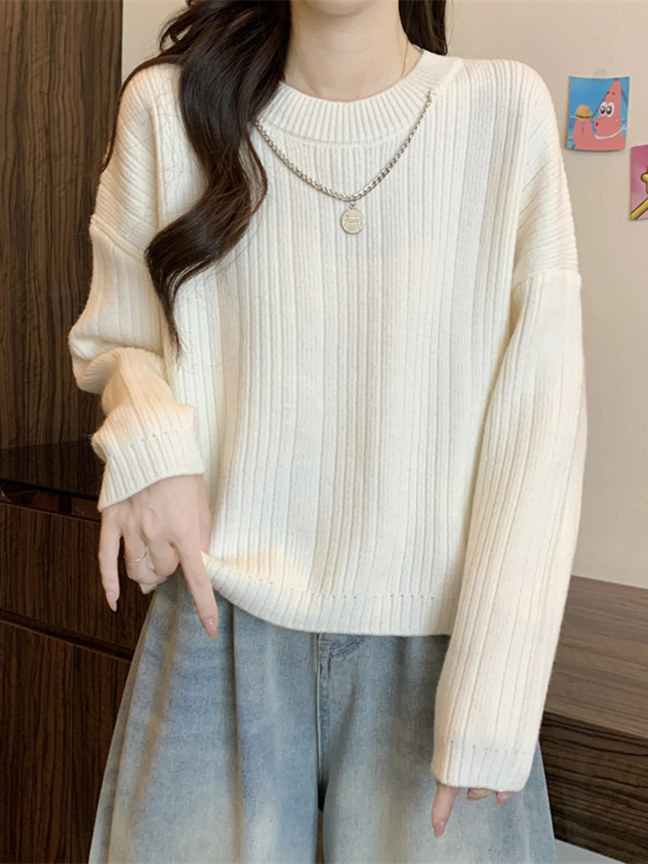 Thiened round Ne Warm Sweater Women Autumn Winter New Loose Casual ort Vintage Lazy Sle Long Sve Top Cotton Blend
