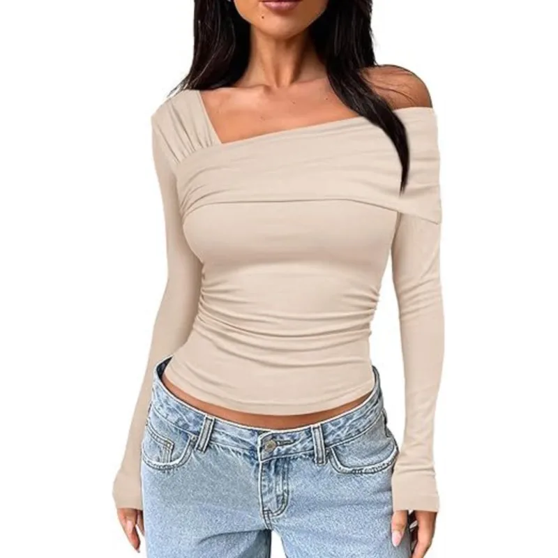 Women 2024 Off Shoulder Long Sleeve Top Sexy Asymmetrical Crop Top Basic Solid Color Ruched TShirts Outfit Streetwear Daily Suit