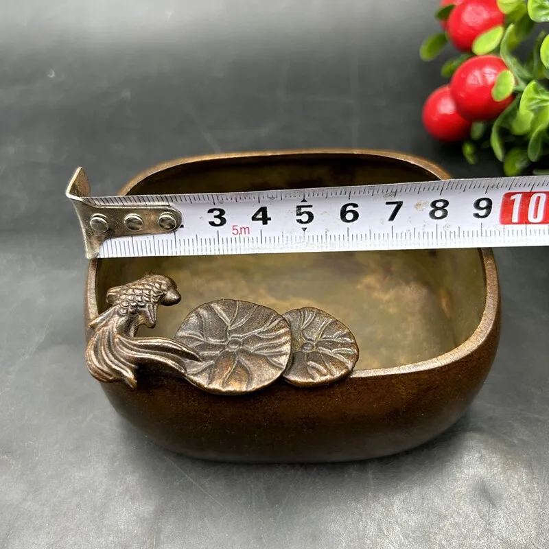 Chinese Alloy Brush Washer Goldfish Lotus Relief Pattern Ashtray Writing Desk Stationery Curio Desktop Collectible Ornament