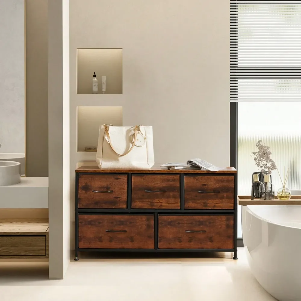 

5 Dresser Chest Bedroom, Metal Frame And Wood Top For TV Stand To 40 Inch With Fabric Storage Drawer Units For Living Room