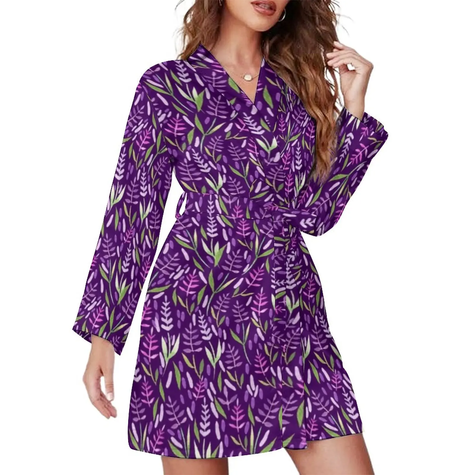 Purple And Pink Lavender Pajama Robe Elegant Floral Print Aesthetic Sleepwear Long Sleeve V Neck Pajamas Robes Retro Dresses