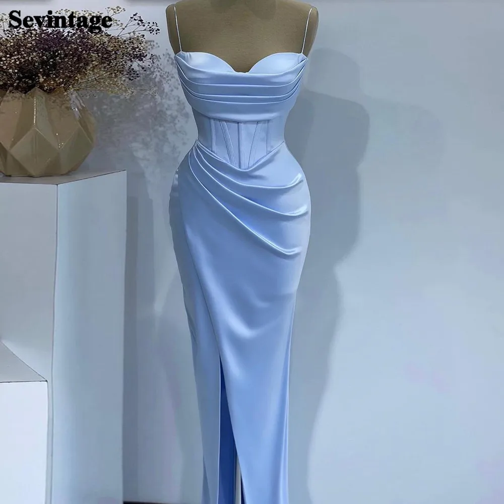 

Sevintage Blue Mermaid Long Evening Dresses Satin Spaghetti Strap Pleats Prom Gowns Sweetheart Slit Women Wedding Party Gown