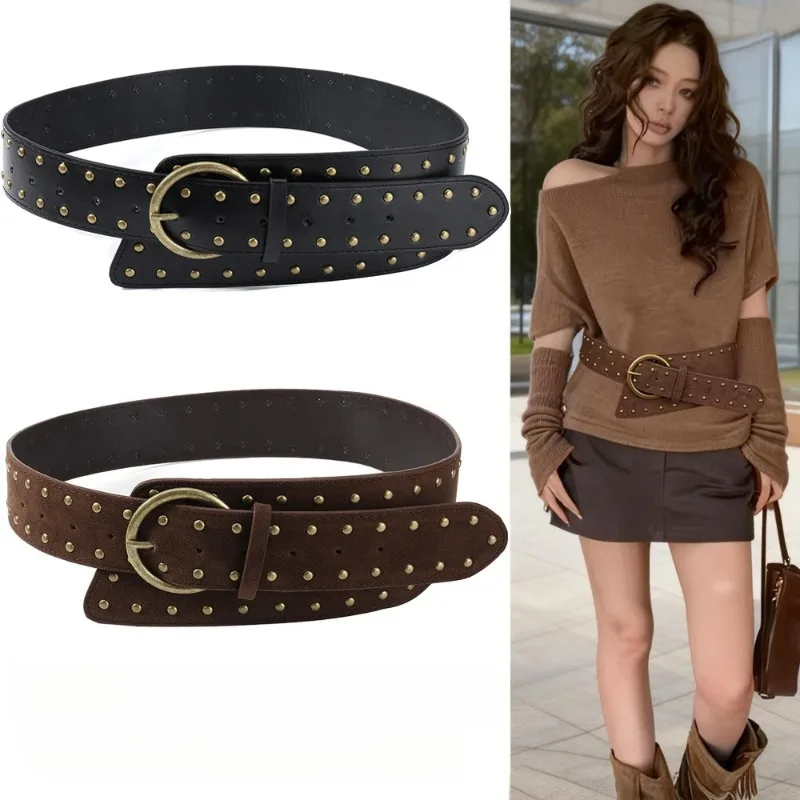 

Женский европейско-американский ремень в стиле панк-ретро с металлическими заклепками, широкий, индустриальный дизайн, персонализированный, модный тренд, замшевый поясной ремень
