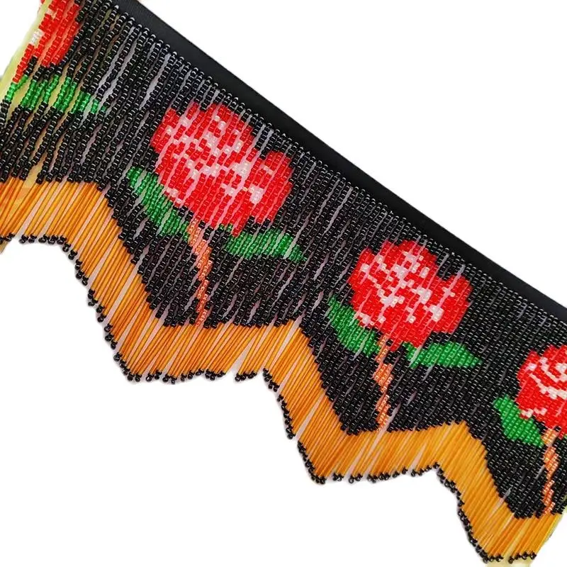 15cm Wide Rose Pattern Beaded Fringe, Black Red Rose, White Red Rose, Lampshade Curtain Table Runner Bead Fringe