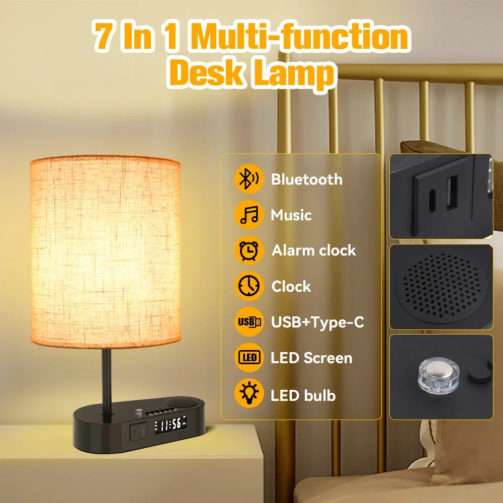 New Bedside Table Lamp with Bluetooth and Alarm Clock  Fabric Music Player Table Lamp Three Color Adjusted  Living Room