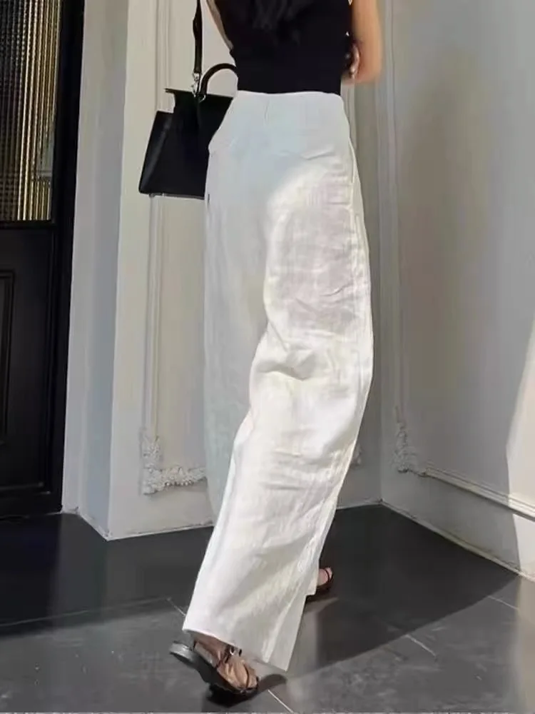 

Прямые льняные широкие повседневные брюки с высокой талией, белые универсальные летние модные женские брюки больших размеров премиум-класса