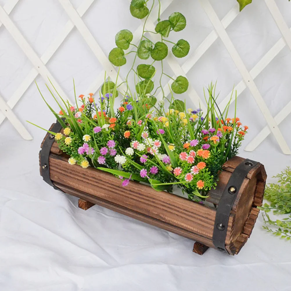 

2 PCS/Set Solid Wood Flowerpot Plants Container Half Barrel Garden Planter Ornaments Wooden for Vintage Style Round Carbonized