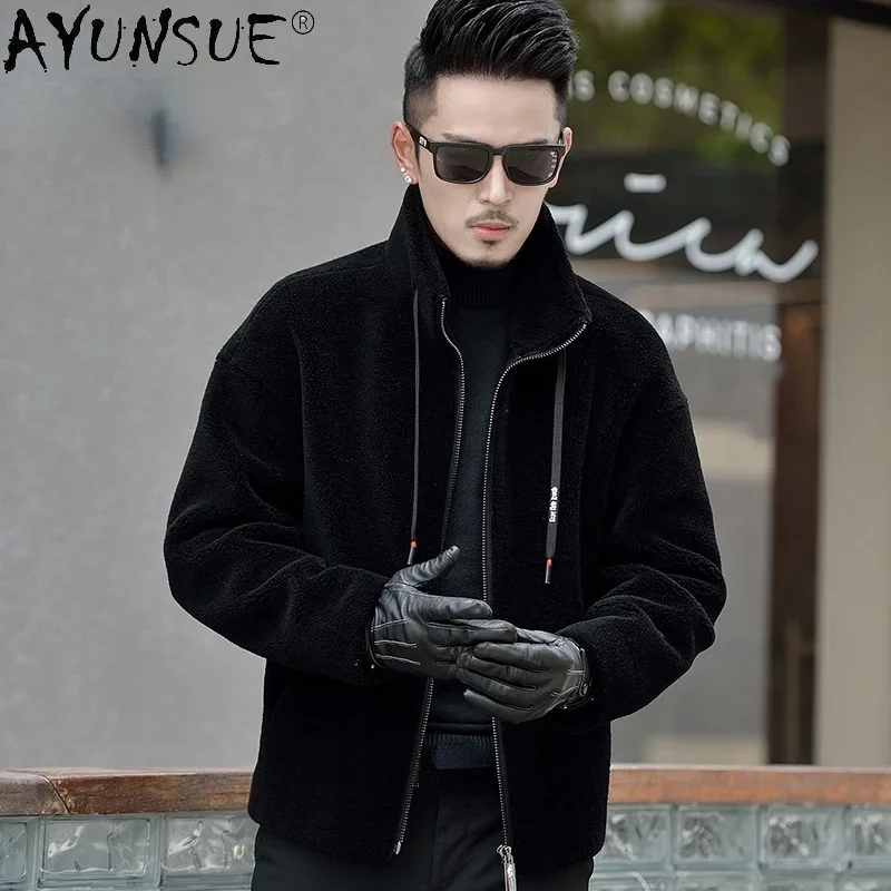 

AYUNSUE 2021 Winter Real Sheep Shearing Jackets Male Black Stand-up Collar Woolen Coats Men's Clothing Jaqueta Masculina Gmm386