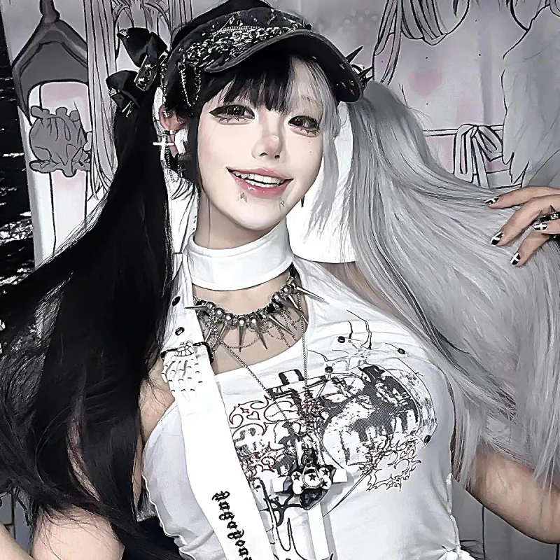 여성용 할로윈 가발 블랙 그레이 옴브레 발라야지 긴 직모 코스프레 유니버설 풀 헤드 가발