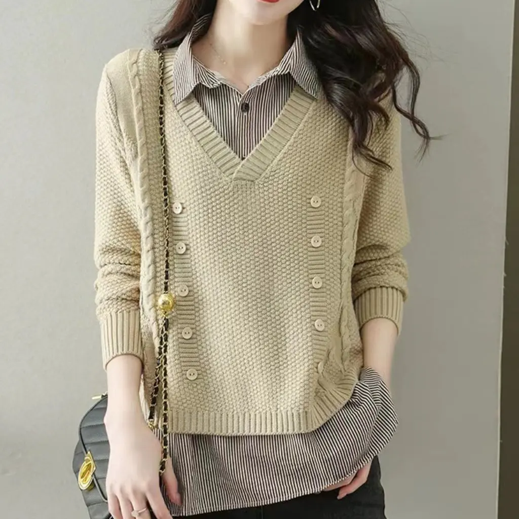 

Женский искусственный двухсекционный трикотаж с воротником рубашки, весенне-осенняя верхняя одежда, топ с внутренней нижней частью, новый стиль