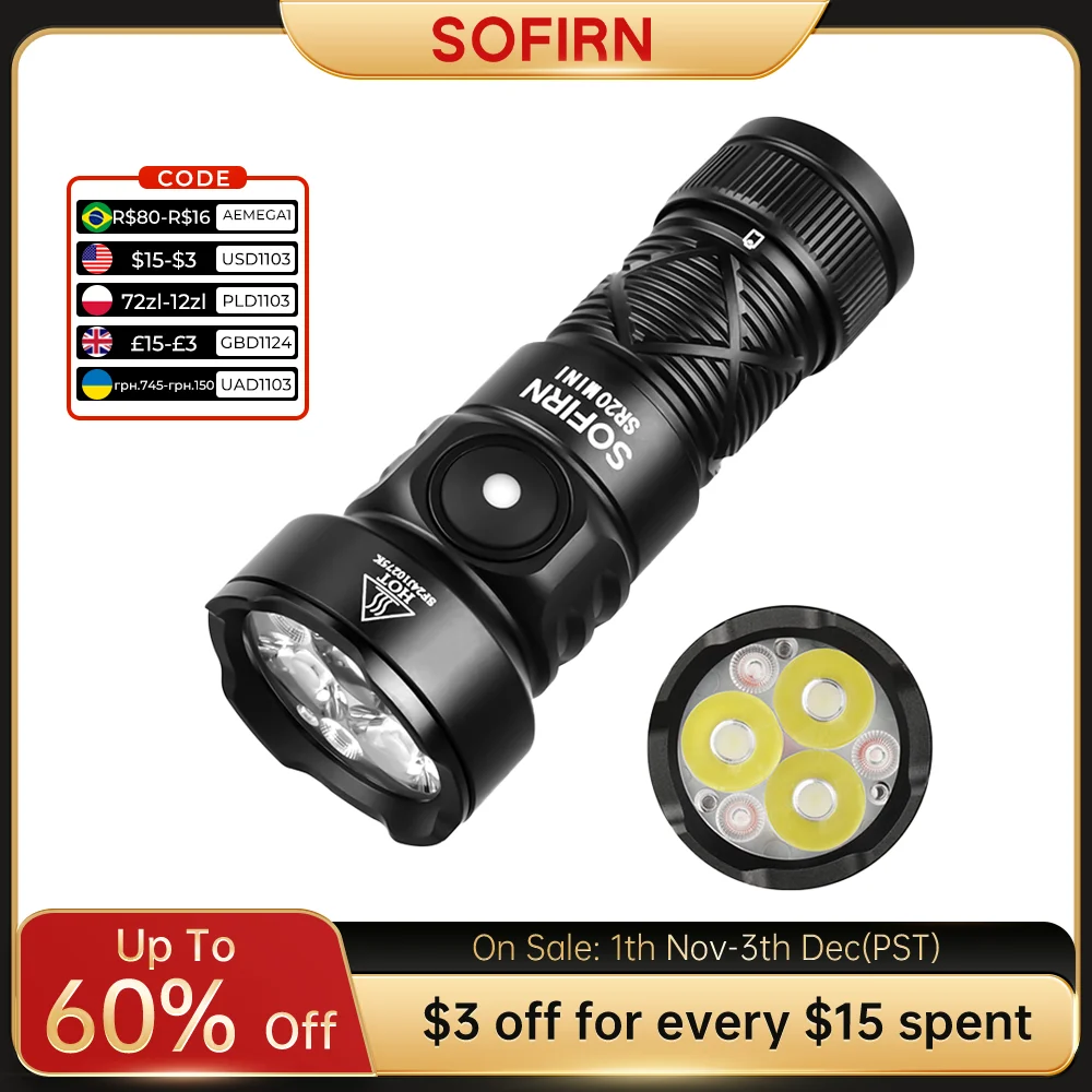 Sofirn SR20 MINI 1200lm Flashlight 18350 White and Red LED Light for Camping, Hunting, and Emergency Situations IP68 Waterproof