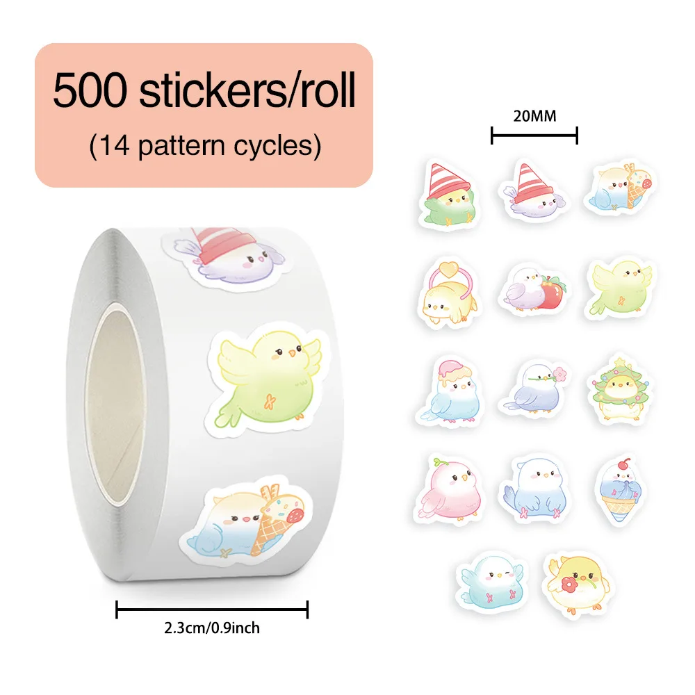 500 PCS/ม้วน 14PCS รอบที่มีสีสันรุ่น Q Parrot การ์ตูนสติกเกอร์ DIY PVC แล็ปท็อป Decals ตกแต่งรางวัลของขวัญของเล่น