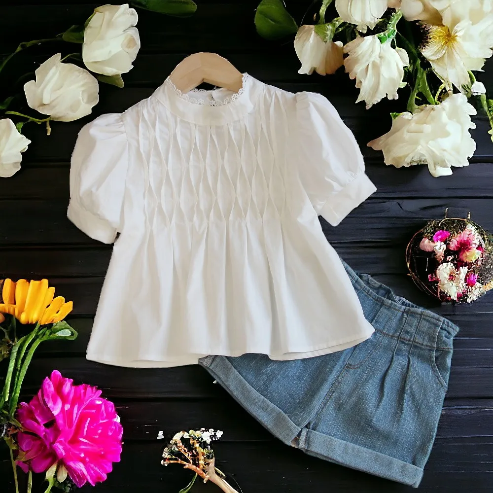 Summer Kids Outfits White Blouses for Girls Lace Shirts Short Sleeve Teenagers Clothes Baby Children Costumes 6 8 10 12 13 Years