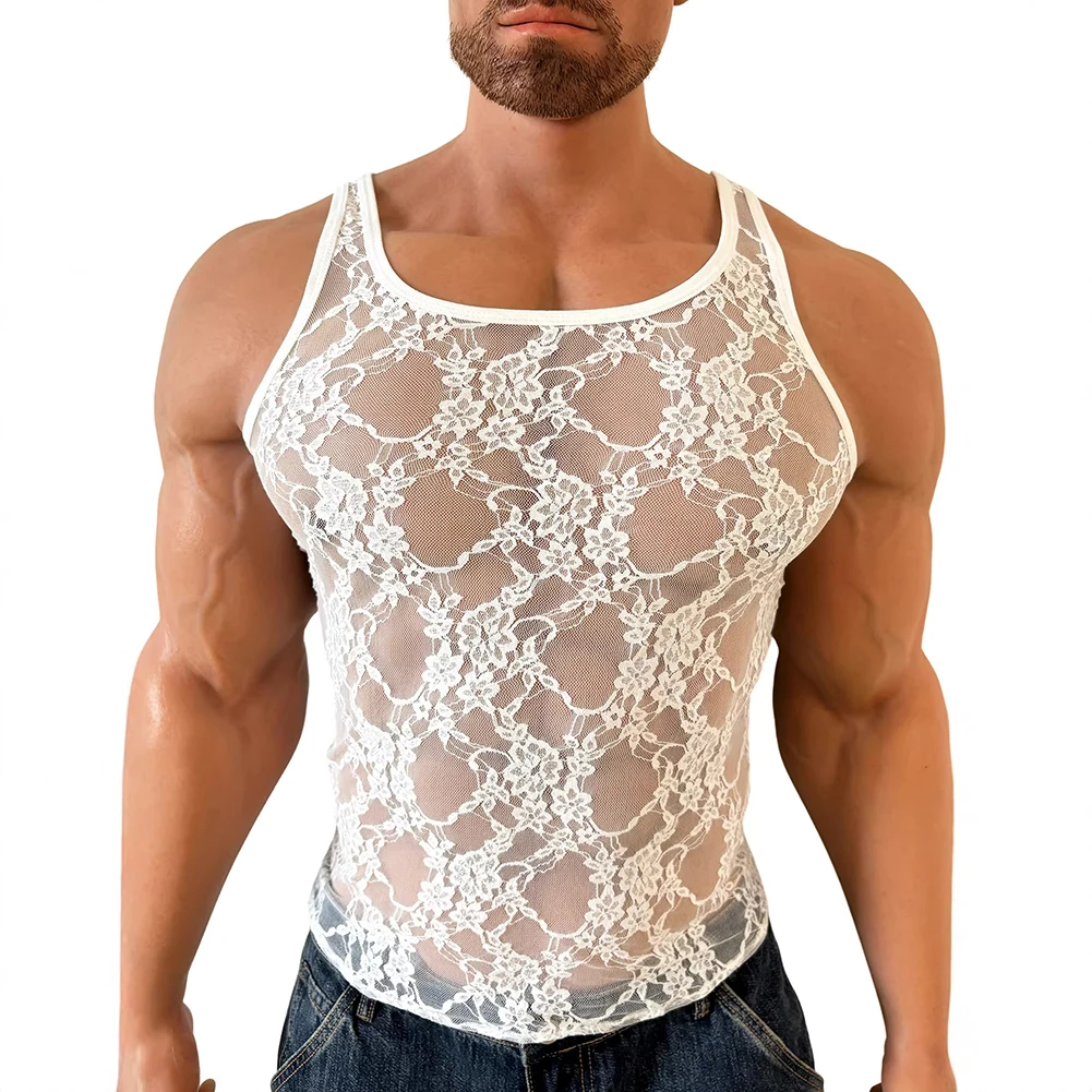 Men Floral Lace Tank Top See Through Mesh Sleeveless Vest Elastic Sleepwear Nightwear For Casual Beach Club Holiday