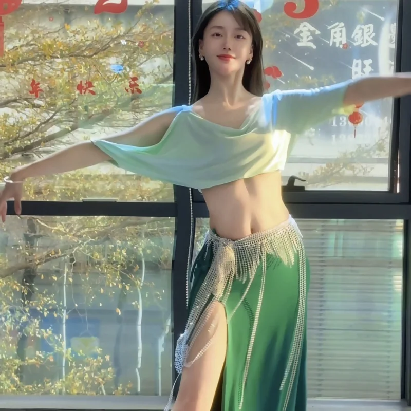 buikdansvoorstelling pak voor vrouwen afslanken en sexy temperament groene set voor volwassen oosterse dans oefenkleding