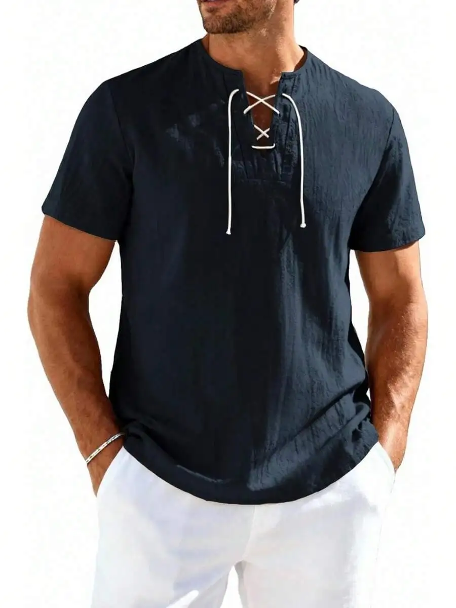 

Mens Vintage Lace-Up Cotton Linen Blend Short Sleeve Casual Shirt