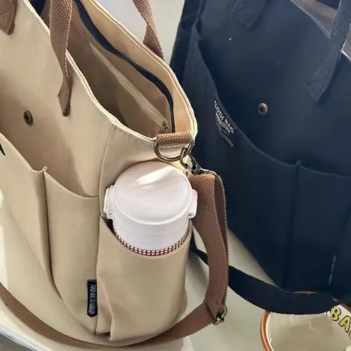 Imagen 2 del producto Bolsos de mano de lona simples y a la moda, bolsos cruzados reutilizables de gran capacidad, bolso de compras informal con múltiples bolsillos para mujer
