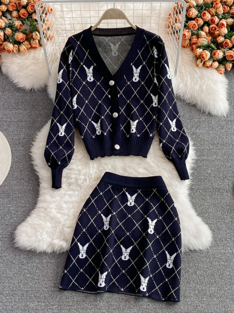 Small Fragrance Vintage Knit Two Piece Set Women Sweater Cardigan Coat Crop Top + Mini Skirts Sets Fashion Casual 2 Piece Suits