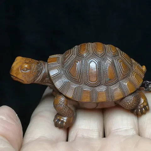 고대 중국 회양목 나무 조각 거북이 거북이 거북이 조각상 Netsuke 테이블 장식 선물 수집 가능, 1919 골동품 예술 크기 2.5 인치
