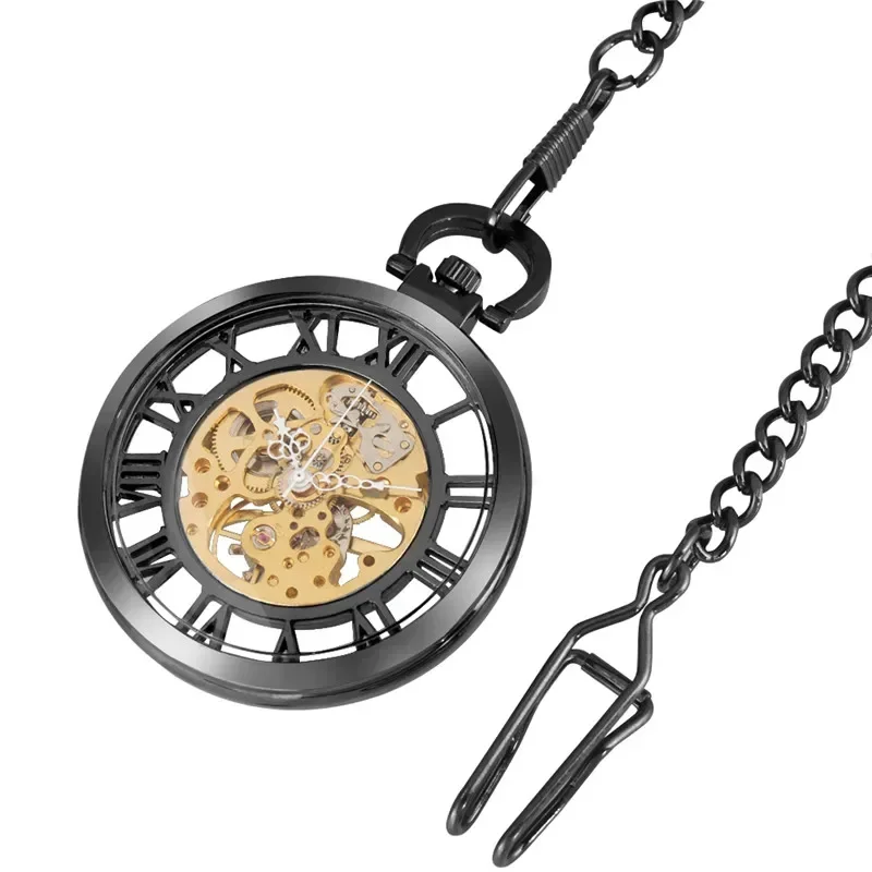 Luxury Hand-wind Mechanical Roman Numbers Steampunk Transparent Pocket Watch Open Face Black Chain Men Women Cool Gift