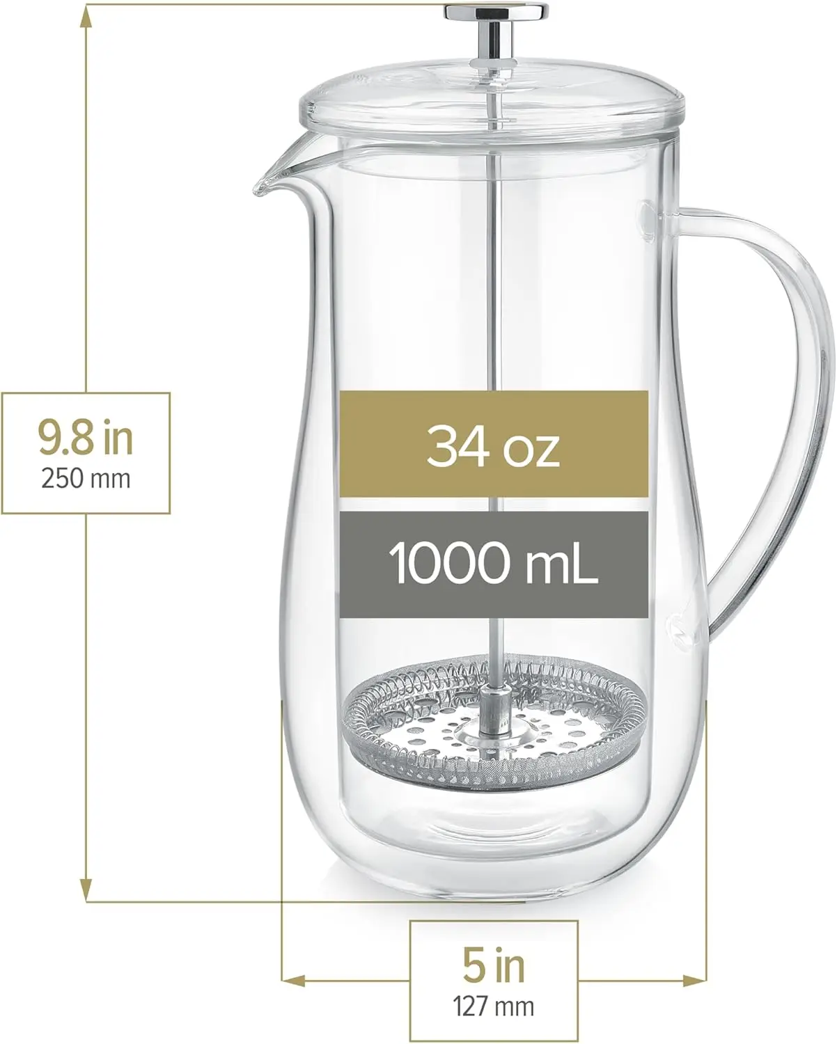 مكبس فرنسي زجاجي معزول بجدارين - ماكينة ضغط شاي وقهوة 100% خالية من البلاستيك لنكهة نقية وغنية |   ماكينة تحضير دقيقة 34 أونصة