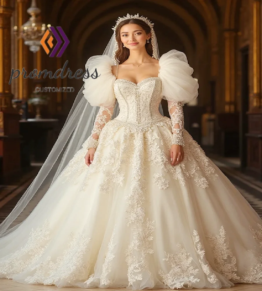 Romantic Princess 1980s Wedding Dress Puff Sleeve Lace Baroque Bridal Dress Beaded Queen Garden Country Bride DressCustomized