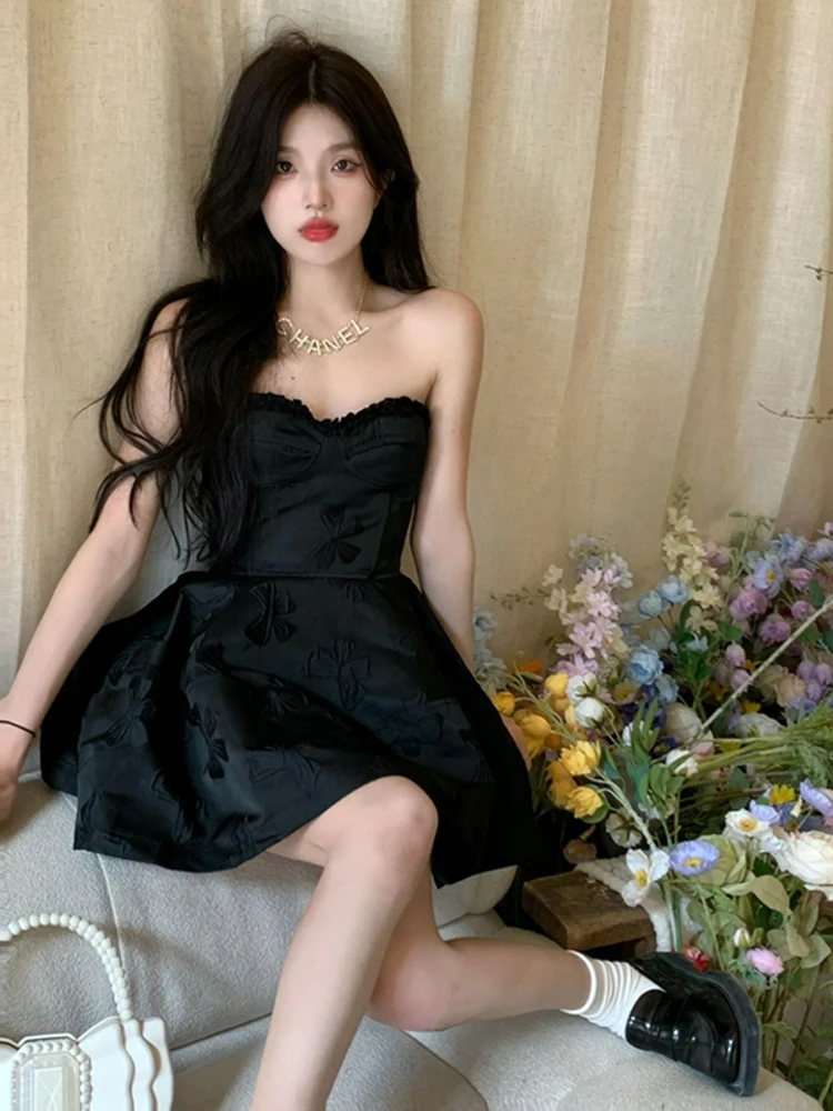 Dress Women's Black off-Shoulder Short Slim-Fit Sexy High Waist Sleeveless Korean Style Fashionable All-Match Spring and Summer