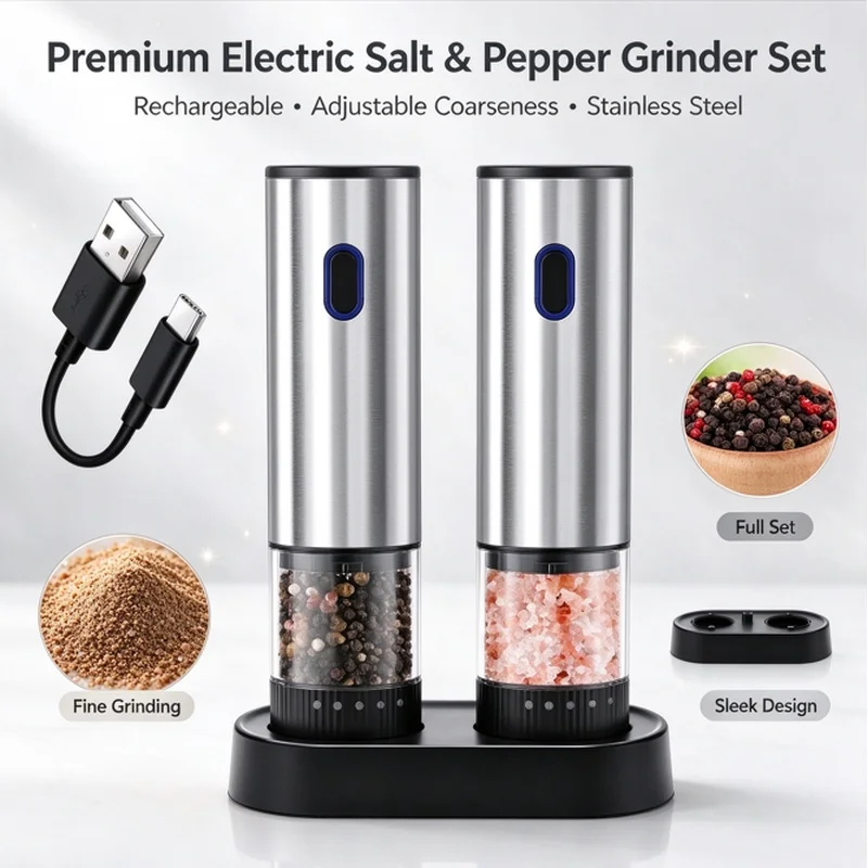 Christmas Stocking Stuffers 1pc/2pcs Electric Salt Pepper Grinder Automatic Rechargeable Pepper Mill Shakers External Adjustable