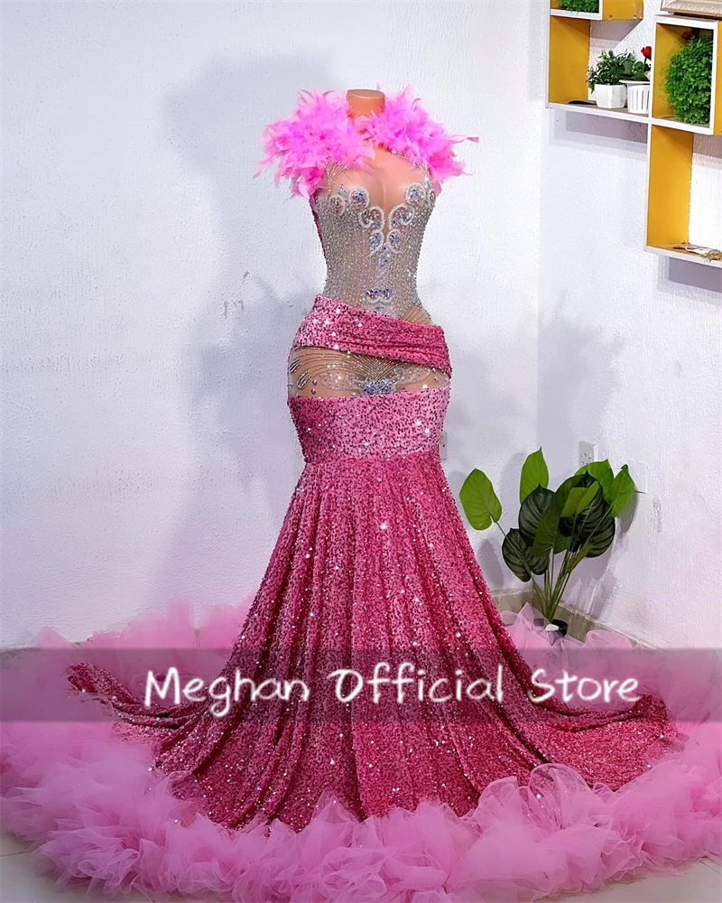 

Pink Sequin Long Prom Dresses For Black Girl Bead Crystal 2025 Birthday Luxury Dress Feather Ruffles Formal Gown Customized