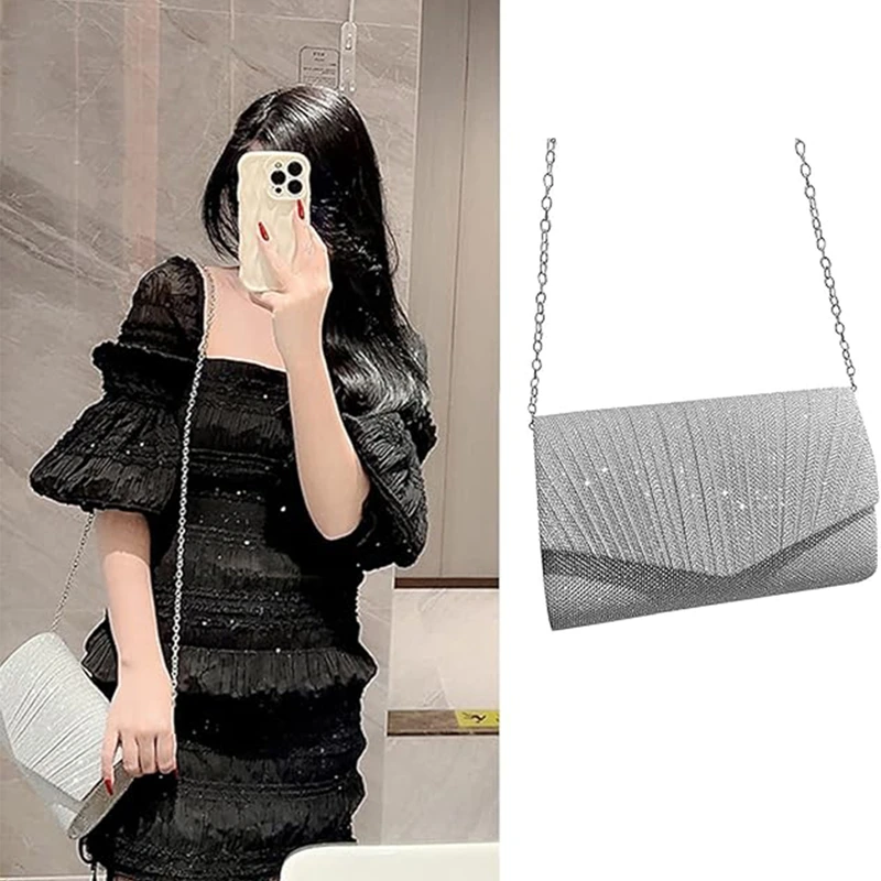 Glitter Silver Clutch Bag Envelope Evening Bag Fashion Elegant Long Purse Women Chain Shoulder Bags Wedding Party Handbag