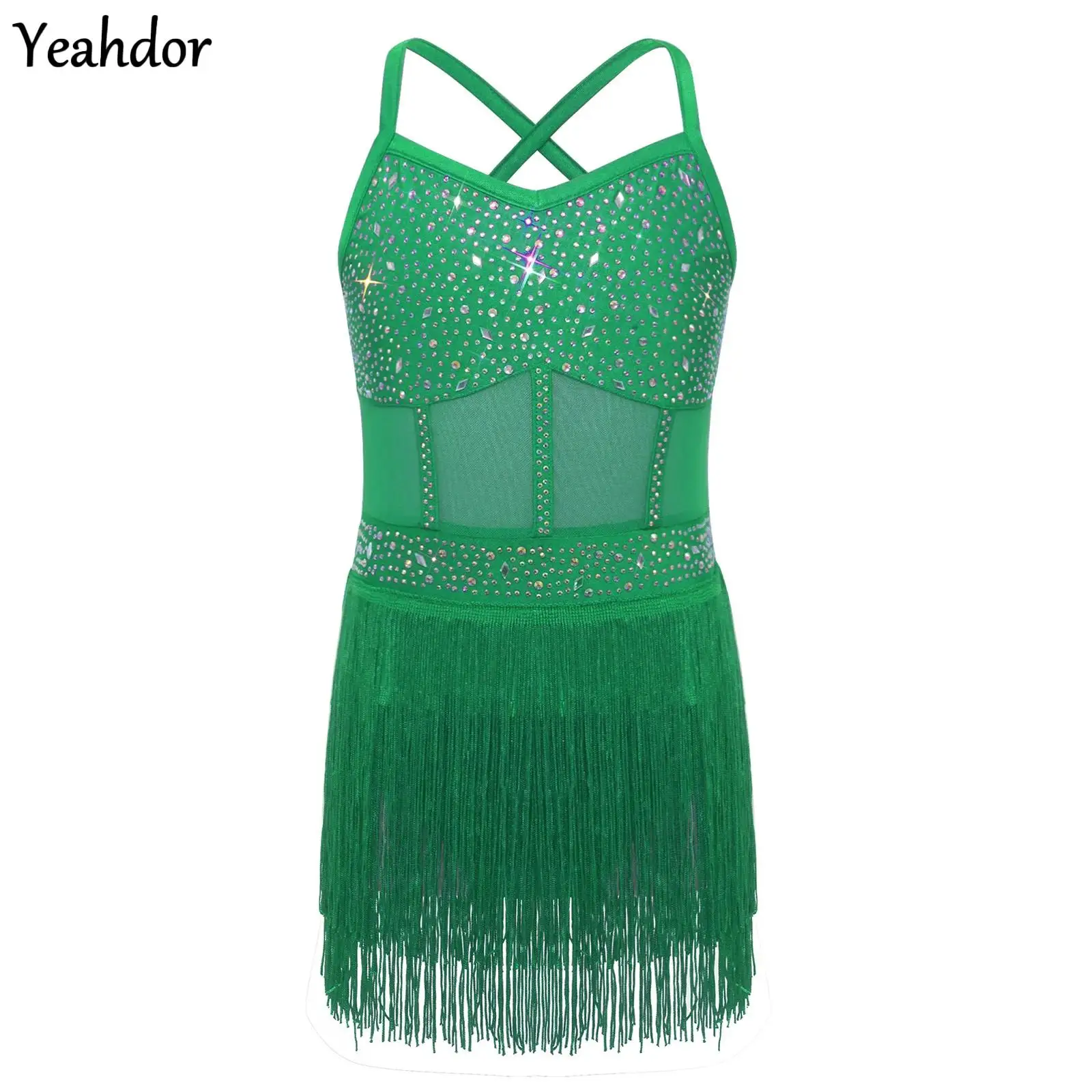 

Girls Latin Dance Leotard Dress Tango Cha-cha Samba Salsa Costume Sheer Mesh Patchwork Tiered Tassel Rhinestone Fringed Bodysuit
