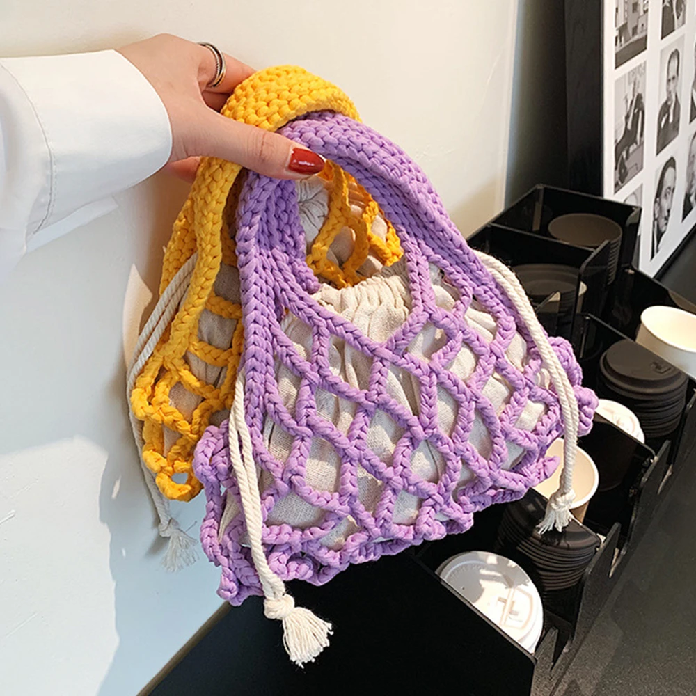 Handmade Hollow Woven Bags for Woman Rope Crochet Handbags Mini Knitting Beach Bag Bohemian Mesh Clutch Fishing Net Tote 2024