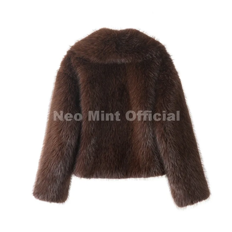 Neo Mint Winter 2025 Trendy Brown Obsession Cropped Shawl Collar Faux Fur Coat Women Jacket Chic Girls Brand Fox Fur Outerwear
