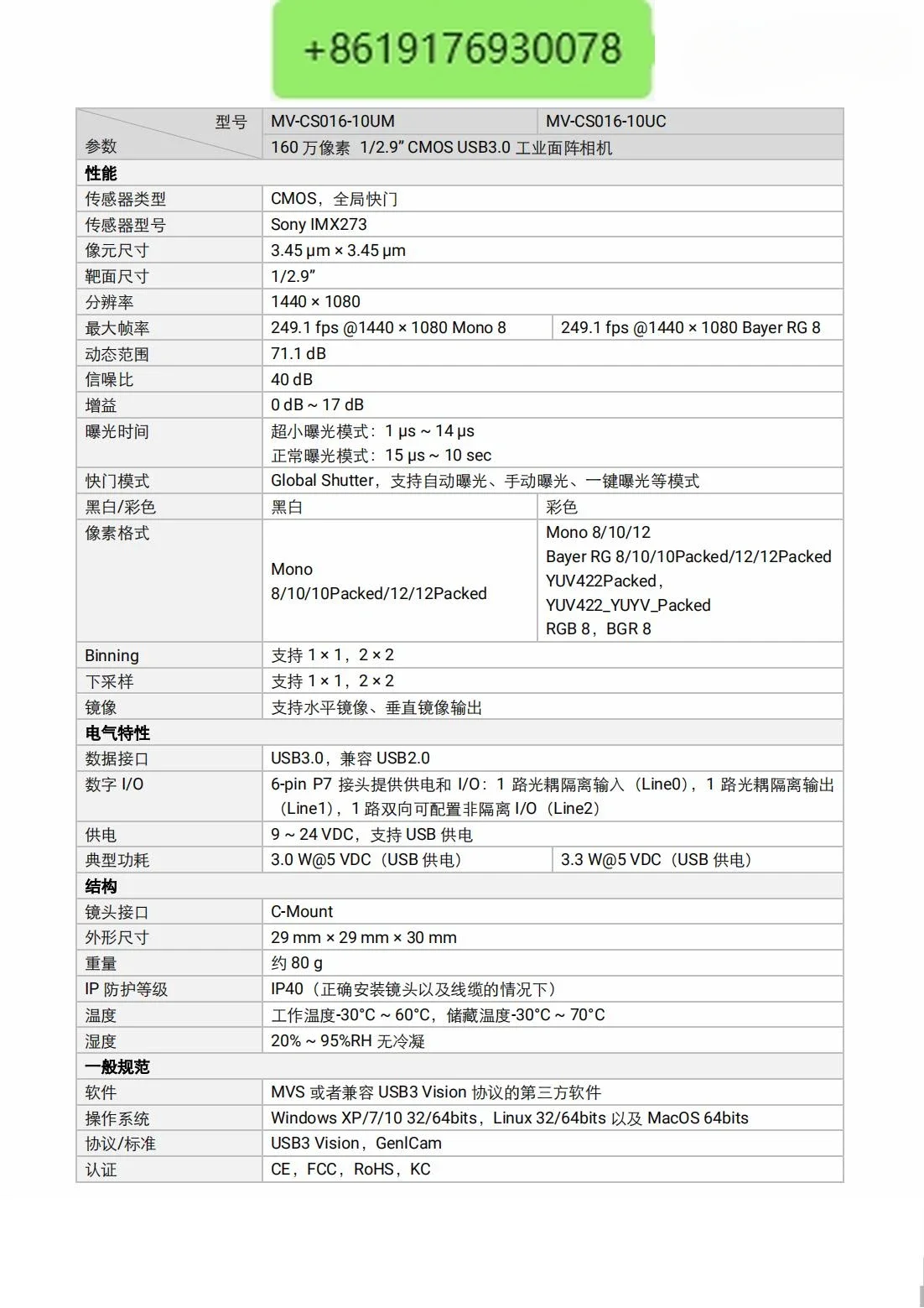 MV-CS016-10UM/UC 1.60 million 1/2.9 