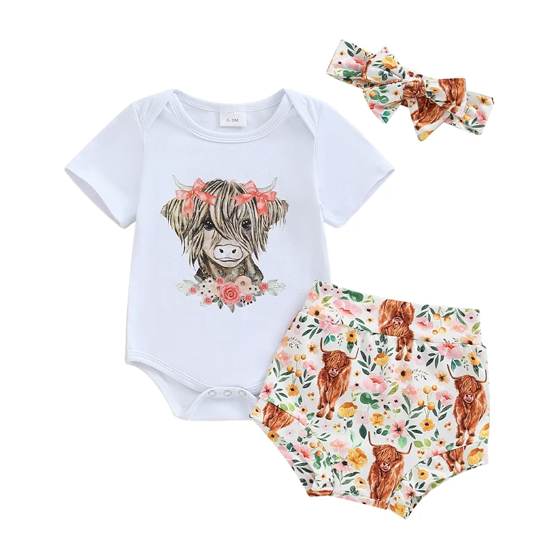 Baby Girl Western Outfit Cattle Flower Print Short Sleeve Romper Elastic Waist Shorts Bow Headband Toddler Summer Set