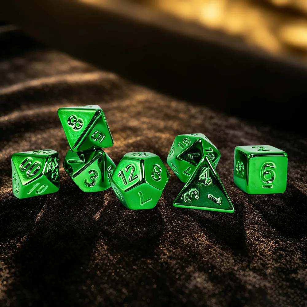 7Pcs Electroplated Green Acrylic Polyhedral Dice,DND RPG D4-D20 For Dungeons & Dragons TTRPG Tabletop Role‑Playing Board Dice
