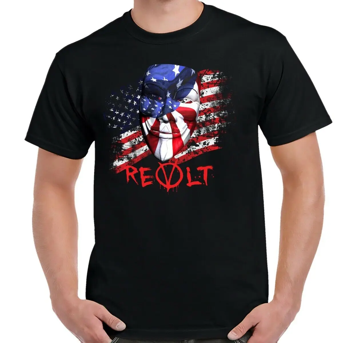 Fashion V for Vendetta USA Flag Mask Revolt T Shirt New 100% Cotton Short Sleeve O-Neck T-shirt Casual Mens Top