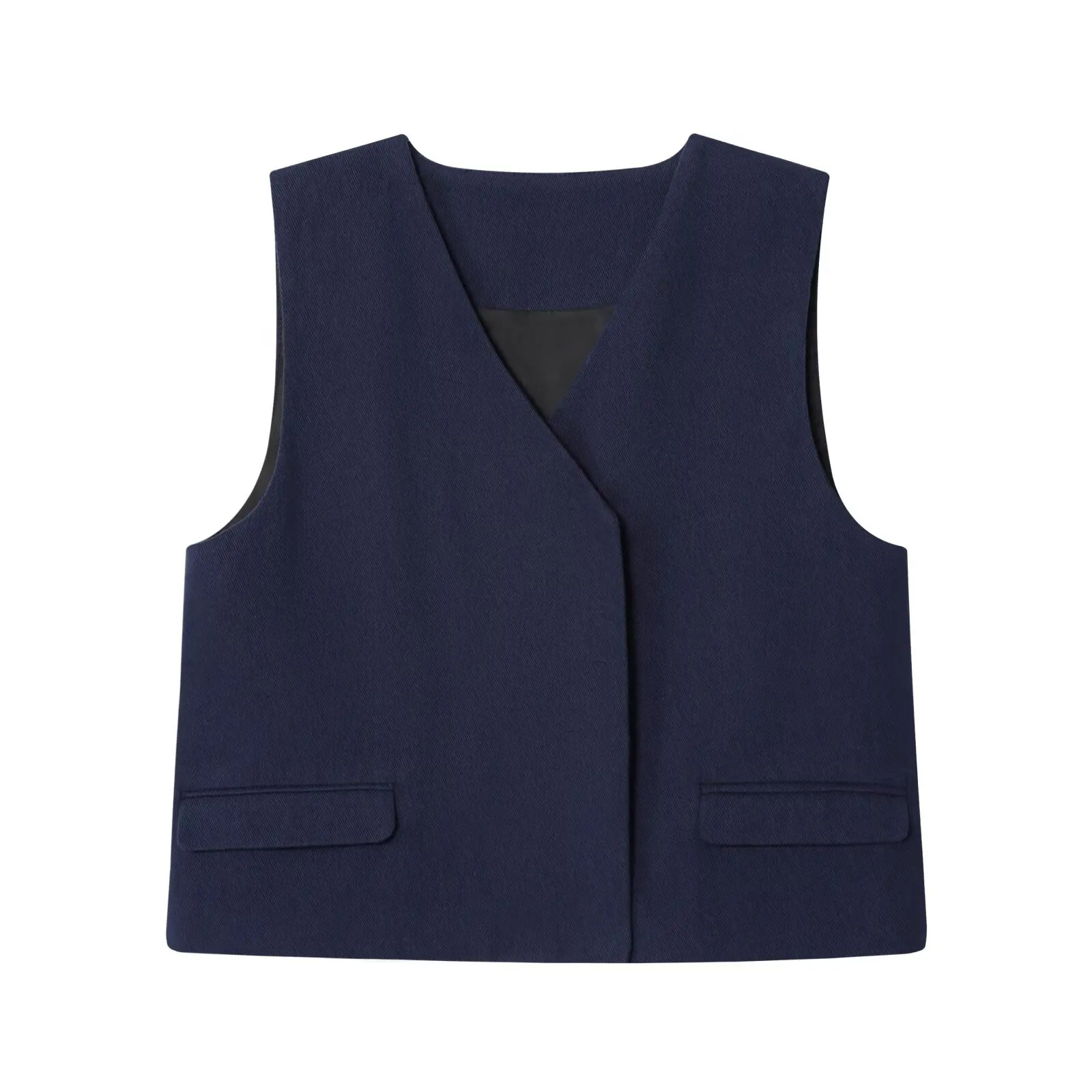 Set da 2 pezzi solido moda donna con scollo a V design con copertura ribaltabile gilet senza maniche sexy + pantaloni a pieghe con cerniera chic